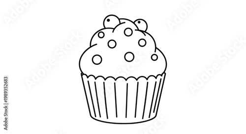 Line art drawing of a delicious muffin or cupcake with berry toppings in a paper liner for coloring or menu design.