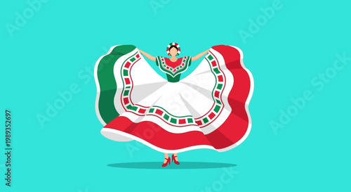 Vibrant vector illustration of a woman performing a traditional Mexican folk dance, her colorful dress symbolizing cultural pride and festive celebration against a clean backdrop