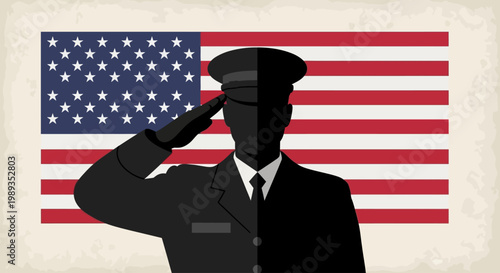 Patriotic illustration of a soldier's silhouette saluting before a vintage American flag, embodying respect, honor, and national pride for military service and veterans