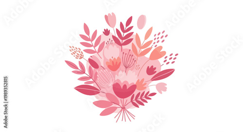 Charming stylized floral bouquet illustration in lovely shades of pink and red, perfect for spring designs, feminine decor, greeting cards, and celebratory graphic elements