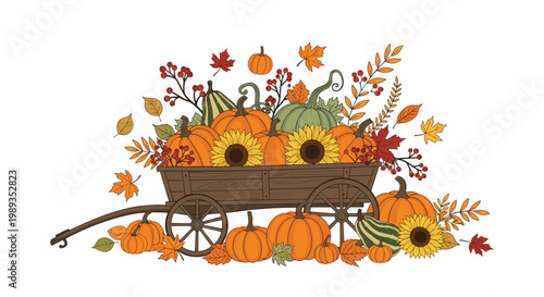 Traditional wooden farm wagon overflowing with a harvest of orange pumpkins, bright sunflowers, and colorful autumn leaves on a white background.