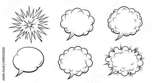 Collection of various hand-drawn black and white comic book style speech bubbles, thought clouds, and explosive action bursts for graphic design.
