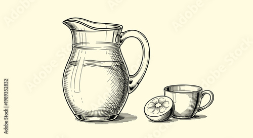 Elegant engraving style illustration of a glass pitcher filled with juice next to a small cup and a half-cut citrus fruit on a tan background.