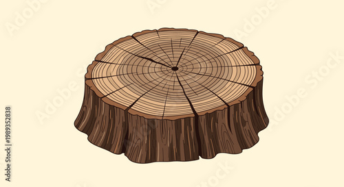 Detailed cross-section engraving of a weathered tree stump showing age rings and rough bark texture on a simple warm cream background.
