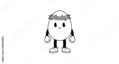 Adorable cartoon character of a white egg with arms, legs, and a face wearing a delicate white daisy flower crown on its head.