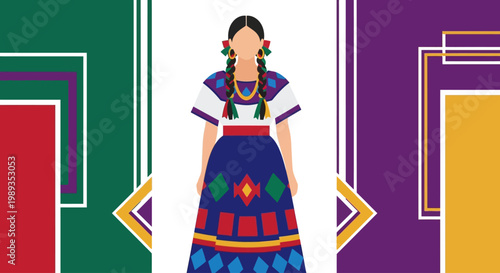Vibrant illustration of a woman in traditional Mexican folk dress, showcasing rich cultural heritage and colorful textile art with geometric patterns in a contemporary style