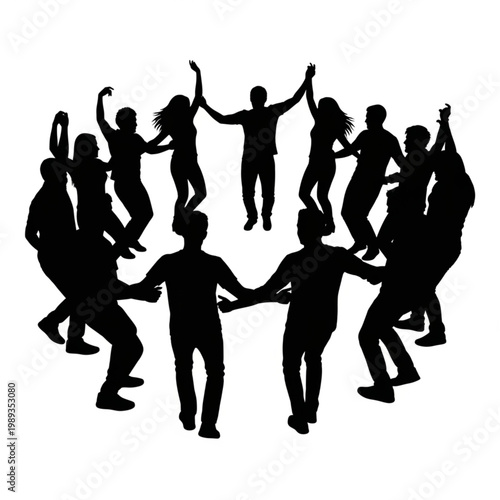 Group of People Dancing Together Silhouetted.