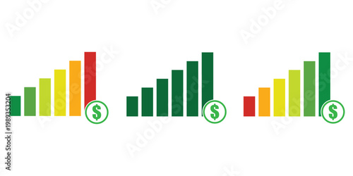 Dollar Rate Increase Icon Set – USD Growth, Financial Chart and Up Arrow Vector Icons