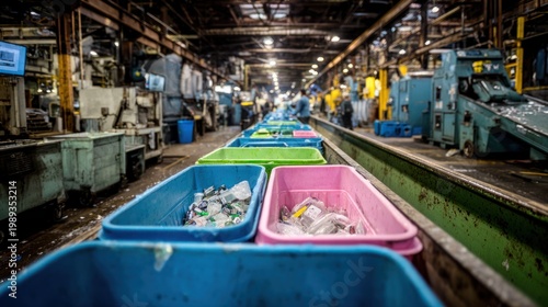 Industrial waste sorting and recycling process in a manufacturing facility with colored bins and conveyor system