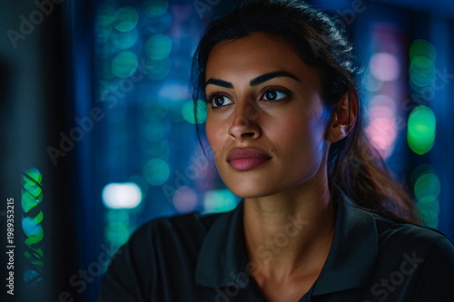 Focused South Asian female cybersecurity analyst with serious expression looking away in dark server room