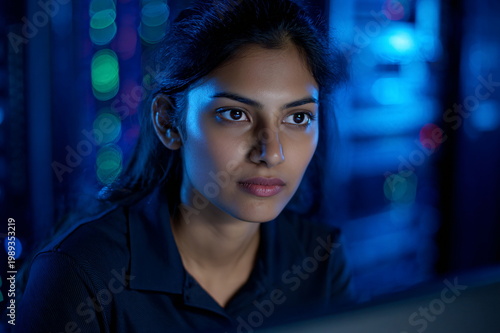 A focused South Asian female cybersecurity analyst working intently on a computer in a server room at night