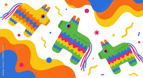 Vibrant celebration with colorful donkey piñatas and confetti, perfect for festive occasions and parties