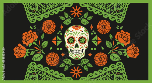 Day of the Dead Sugar Skull with Flowers and Paper Banner Decoration