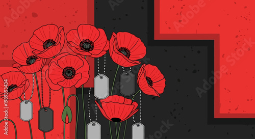 Remembrance Day Red Poppies With Dog Tags - A Symbol of Sacrifice and Memory