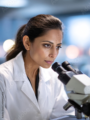 Focused South Asian female scientist in lab coat studying under a microscope