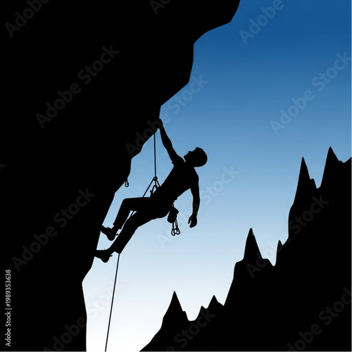 Silhouette of Climber on Rope Against Mountains.