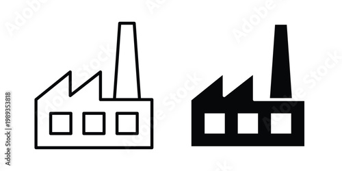 Factory icon in stroke outline style with flat version