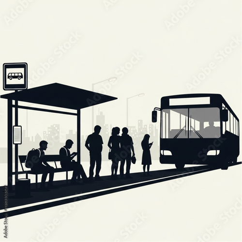People Waiting at Bus Stop Shelter.