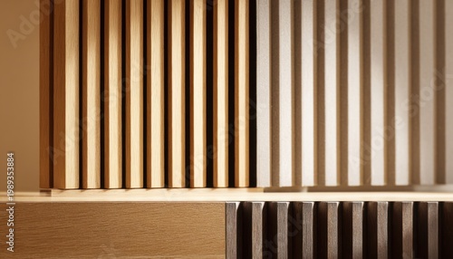 Interior office space featuring a wall with vertical wooden slats, smooth texture, and warm earthy tones providing a modern and natural aesthetic