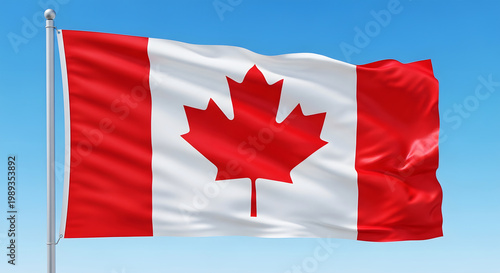 Canadian flag waving in clear blue sky on a flagpole canada maple