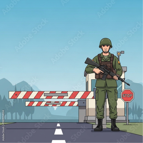 Soldier Standing Guard at Military Checkpoint.