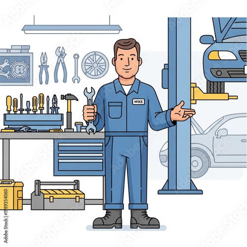 Mechanic in blue uniform holding wrench.