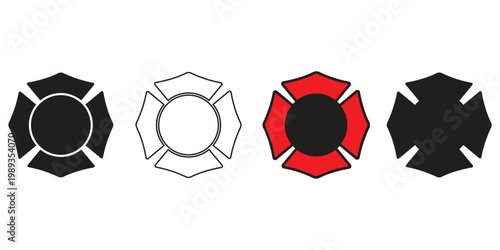 Firefighter Cross Badge Vector Icon Set with Emergency Rescue and Fire Department Emblem Illustration