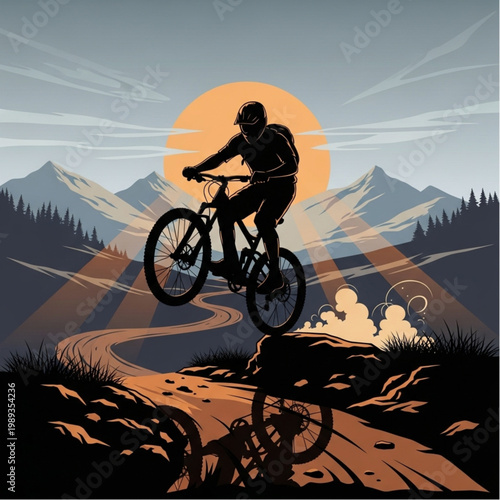 Mountain Biker Riding Downhill on Trail.