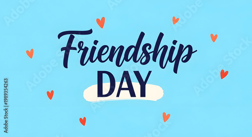 Friendship Day text with scattered orange hearts on a blue background image