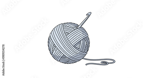 Ball of light blue yarn with a single silver crochet hook inserted into the side and a trailing thread.