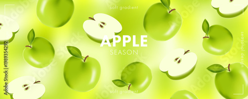 Green apple flavor background with whole and sliced fruits floating over a glossy mesh gradient backdrop. Fresh juicy composition with soft blur and bright highlights for packaging, banners and ads.