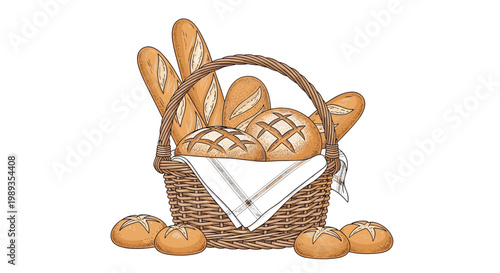 Wicker basket filled with a variety of freshly baked bread loaves including baguettes and round sourdough boules.
