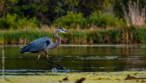 Great Blue Heron Wading Through Shallow Marsh Water At Sunset Wildlife Photography Ardea Herodias In Natural Wetland Habitat