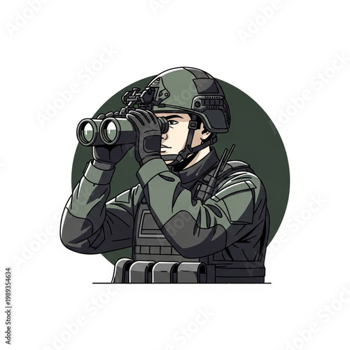 Soldier Looking Through Binoculars Vector Illustration.