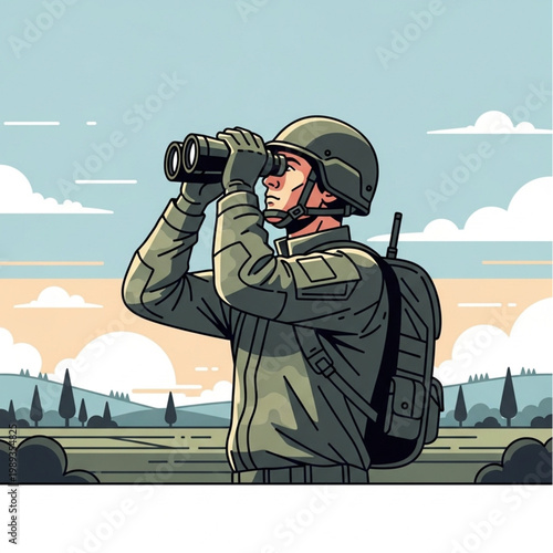 Soldier Observing Through Binoculars in Uniform.