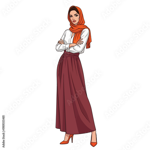 A muslim woman wearing a hijab and a long skirt, arms crossed