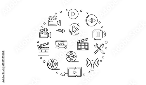 Modern Linear Media and Video Icon Collection Set with Film Production Camera Playback Streaming and Editing Interface Symbols Vector Pack