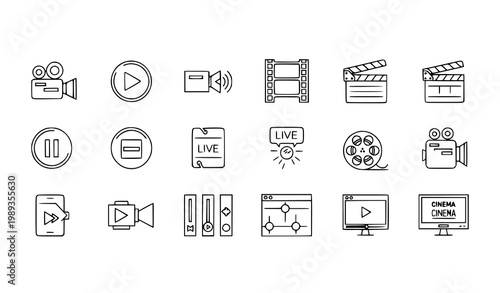 Clean Outline Video Production Icon Set Featuring Camera Playback Controls Media Streaming Film and Cinema Interface Symbols Vector Illustration