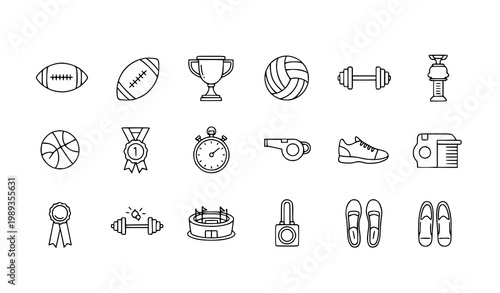 Clean Minimal Sports Outline Icon Set Featuring Football Basketball Gym Trophy Medal and Athletic Competition Symbols Vector Illustration