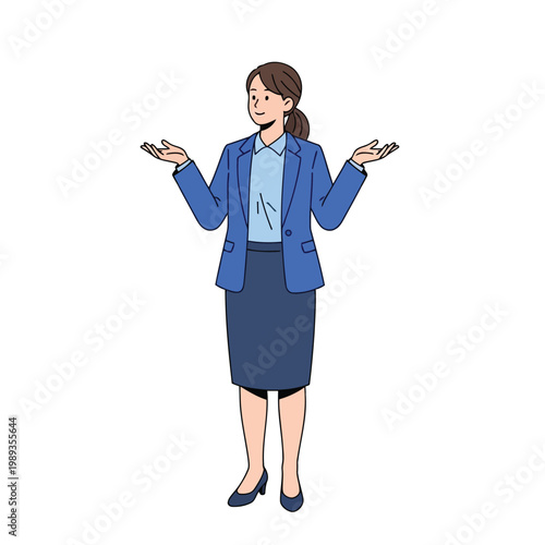 A businesswoman in a blue blazer and skirt, with hands outstretched, looking confused or questioning