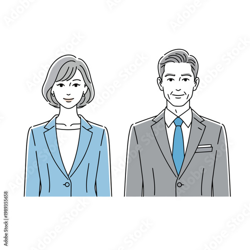 A professional man and woman in business suits, smiling and looking forward