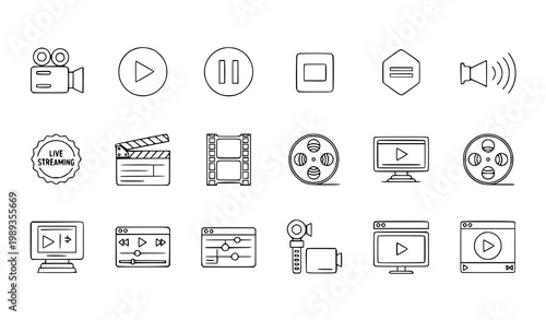 Minimal Outline Video Production Icon Set Featuring Camera Play Pause Media Live Streaming and Cinema Symbols Vector Collection