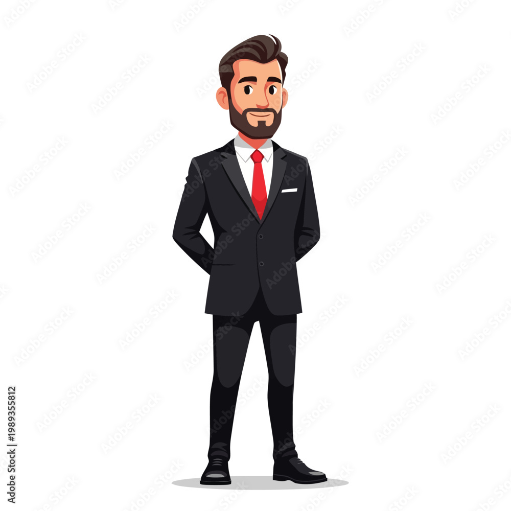 Obraz premium A professional businessman in a black suit and red tie stands with his hands behind his back