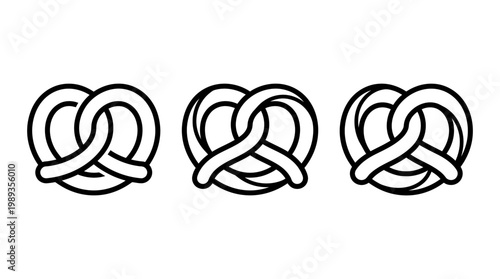 Three Delicious Pretzel Icons in a Row, Isolated on White.