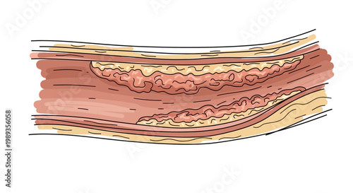 Medical illustration of an artery affected by atherosclerosis showing plaque buildup.