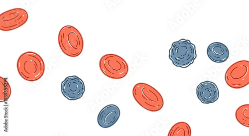 Abstract illustration of floating red blood cells and blue white blood cells.