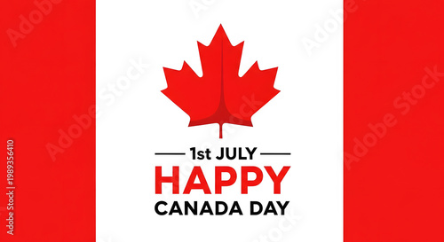 Red maple leaf graphic with text celebrating Canada Day July 1st happy celebration