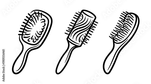 Three Different Hairbrushes in Black and White Isolated on White.