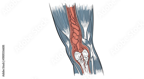Anatomical illustration showing human knee joint structure with muscles and tendons.