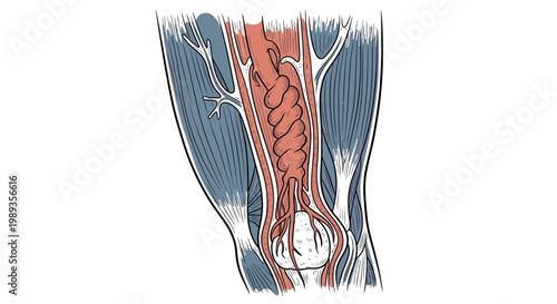 Anatomical illustration of a popliteal artery aneurysm in the human knee.
